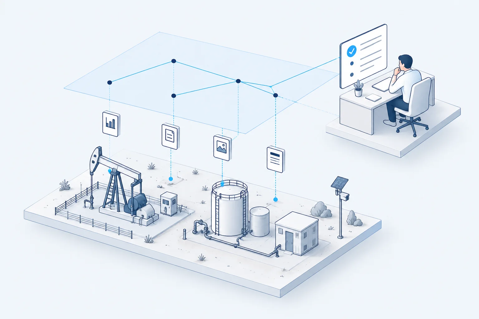 Operational equipment and records connect through a shared context layer to a human reviewing a suggested action.