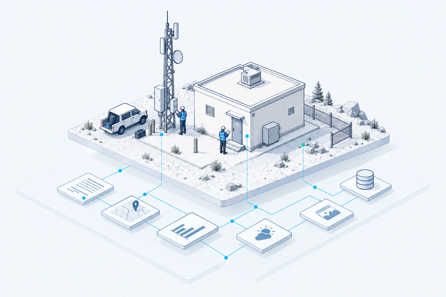 A field site, equipment, and operators connected to source records through a shared data layer.